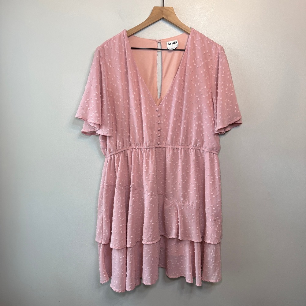 Arula Pink Swiss Dot Tiered Flutter Sleeve Mini Dress Size A 14/16 1X